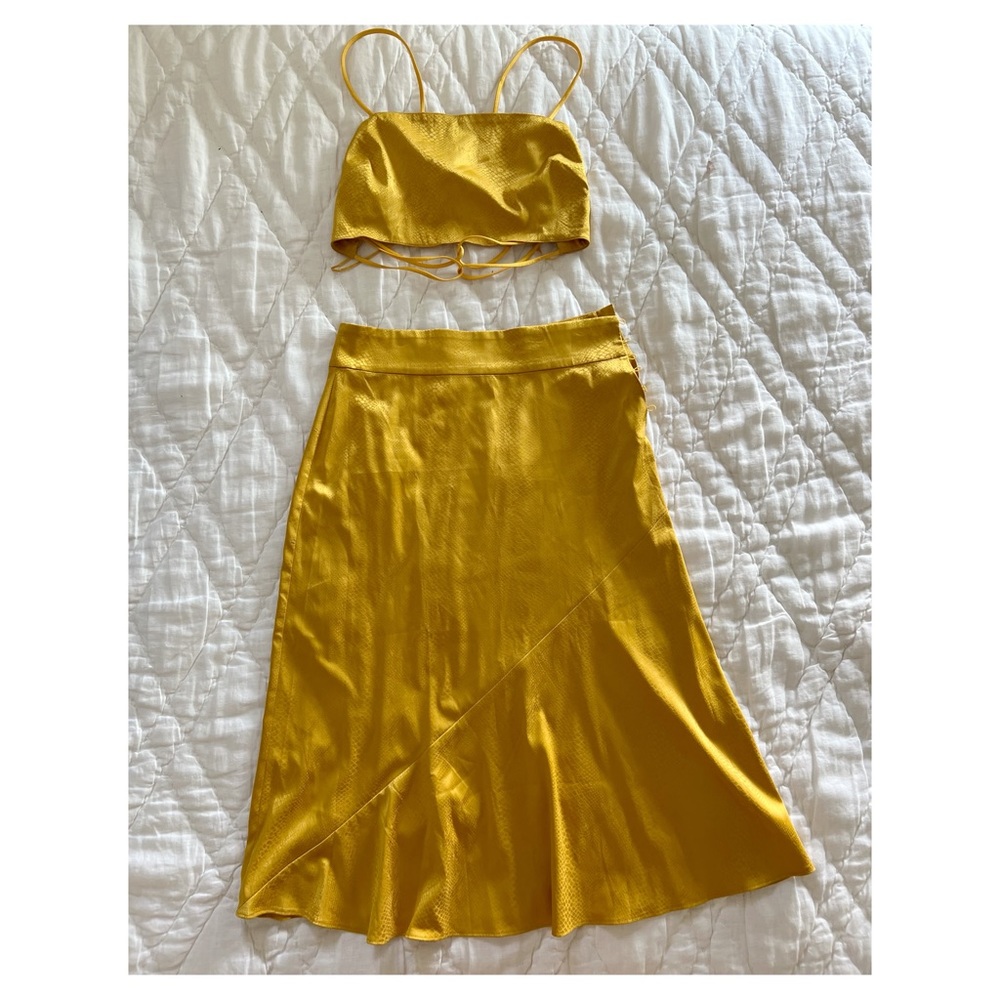Golden Free People silky set. A-line flare skirt and lace back bralette